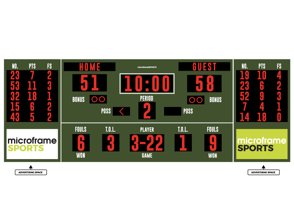 Basketball Scoreboard - 10x13 ft with Logo & Player Stats